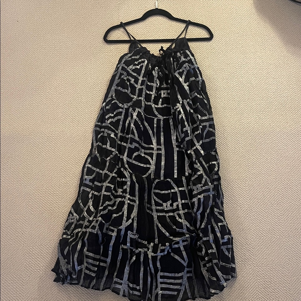 Black Maxi Dress with Silver Geometric Print - Spaghetti Strap